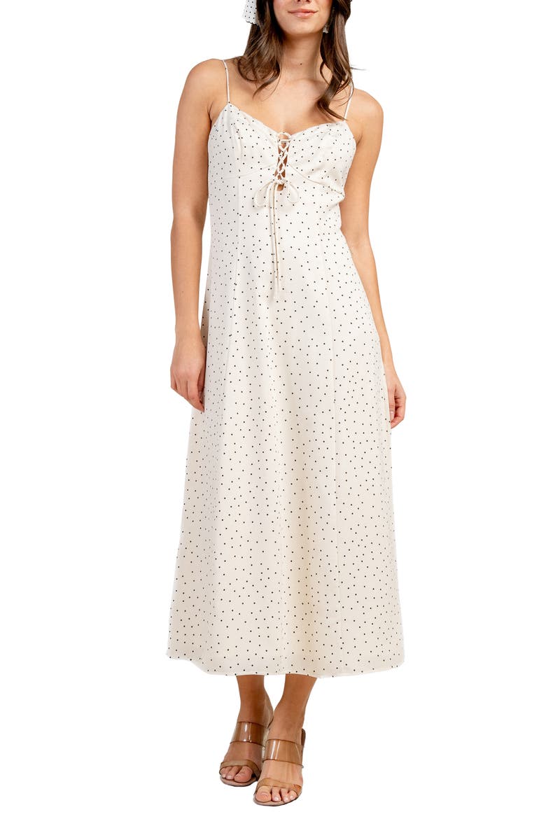 Lace-Up Polka Dot Midi Dress, Alternate, color, IVORY