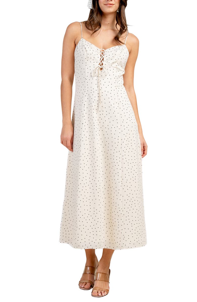 Beivy Lace-Up Polka Dot Midi Dress, Alternate, color, Ivory