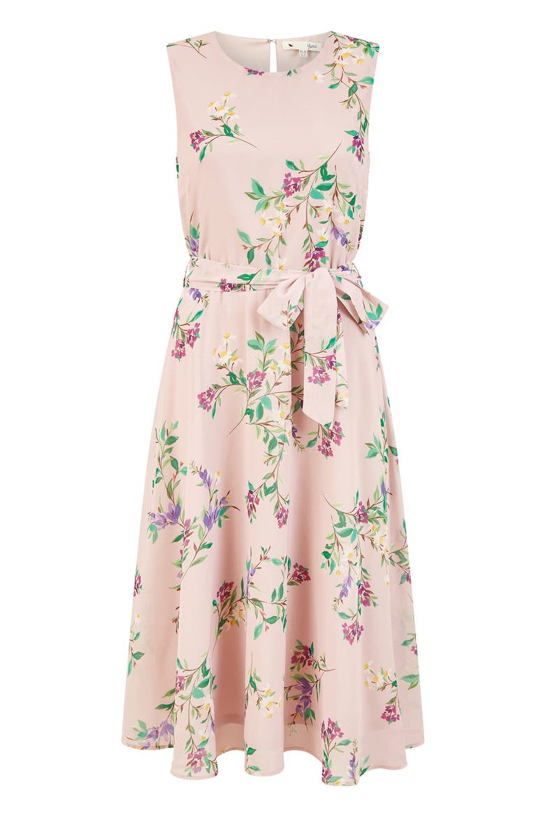 Sleeveless Tie Waist Printed Midi Dress, Alternate, color, Pink
