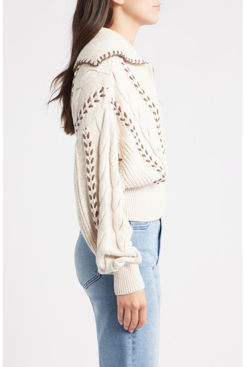 Lune Whipstitch Detail Cotton Blend Bomber Sweater, Alternate, color, OATMEAL BROWN WHIP STITCH