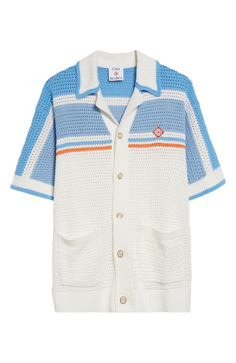 Casablanca Camp Collar Short Sleeve Cotton Crochet Cardigan, Alternate, color, Blue Multi