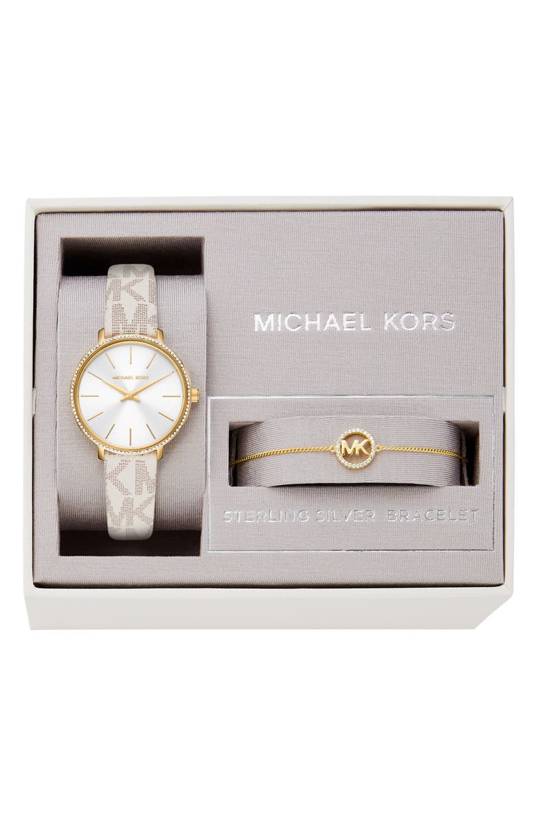 Michael Kors MICHAEL Michael Kors Mini Pyper MK Logo Leather Strap Watch & Bracelet Set, 32mm, Alternate, color, 