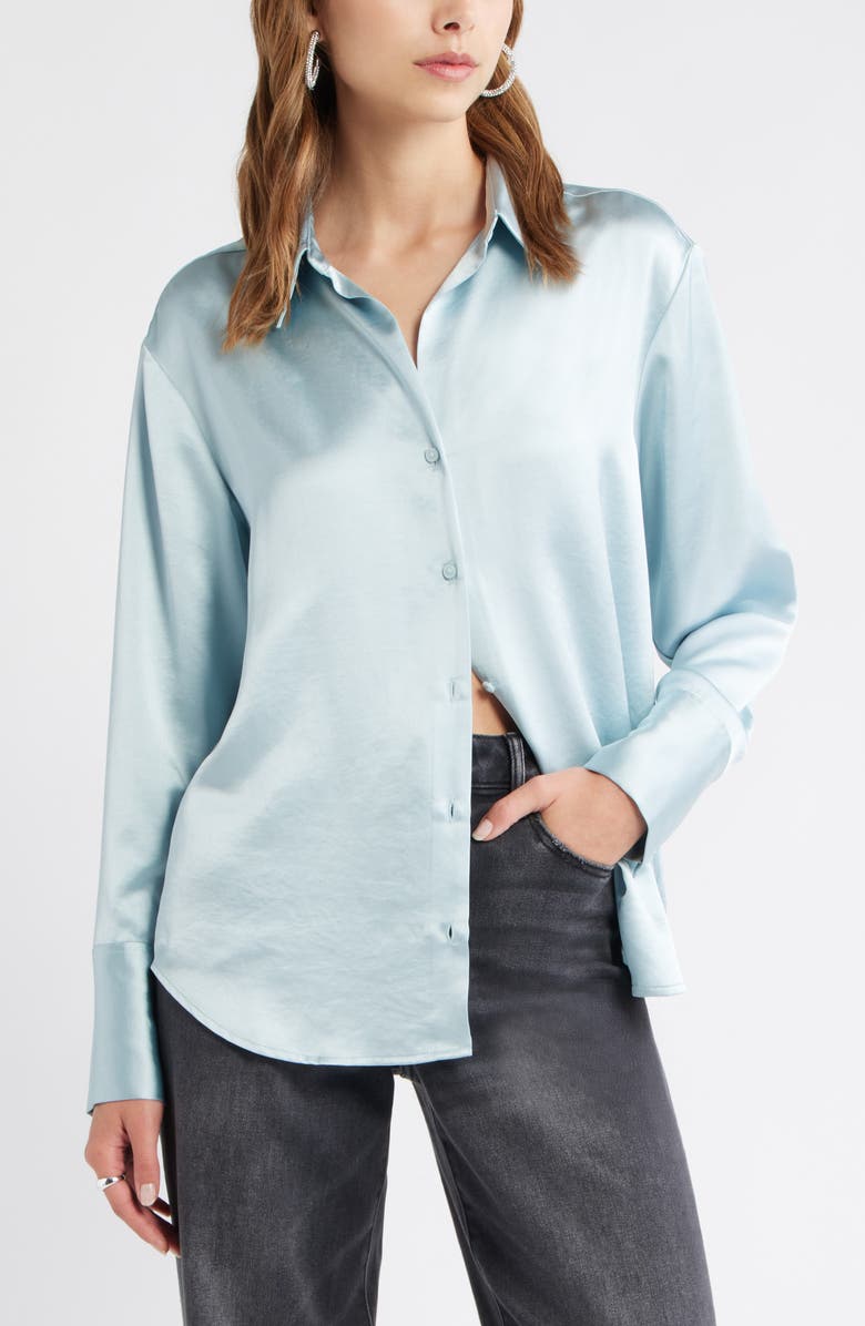 Open Edit Relaxed Fit Satin Button-Up Shirt, Main, color, Blue Cloud