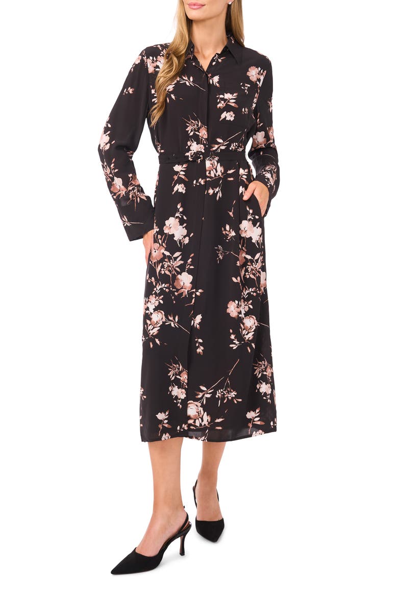 Mina Long Sleeve Midi Shirtdress, Main, color, RICH BLACK