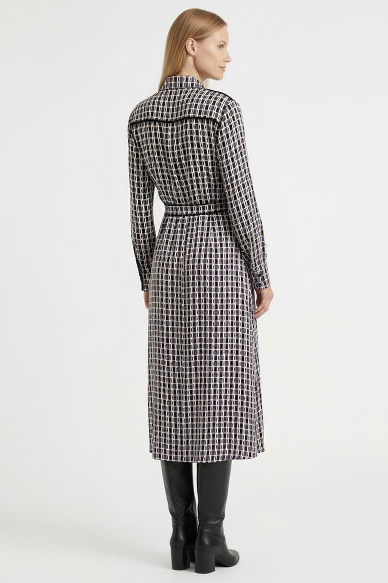 Long Sleeve Geometric Print Midi Shirt Dress With Waist Detail, Alternate, color, Black