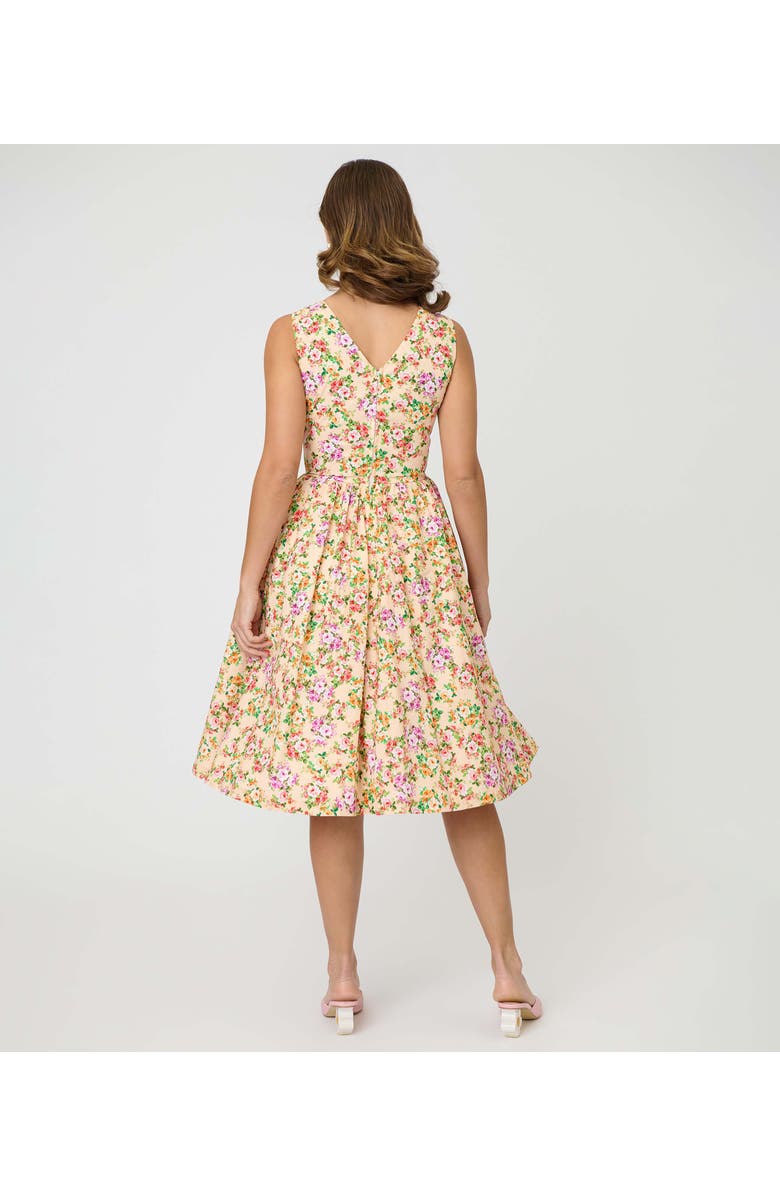Unique Vintage 1960s Garden Party Swing Dress, Alternate, color, Beige W/ Pink Bow Floral Print