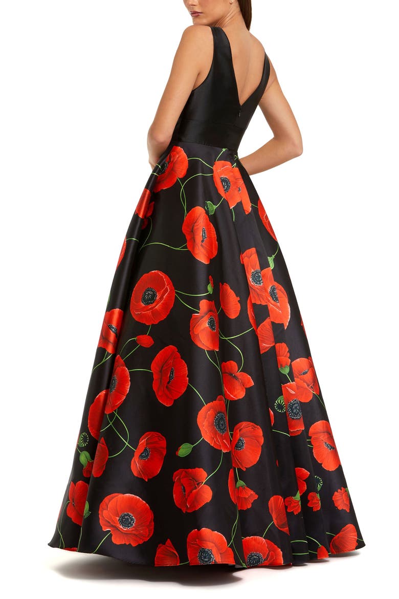 Plunge Neck Ballgown With Floral Mikado Skirt, Alternate, color, Black