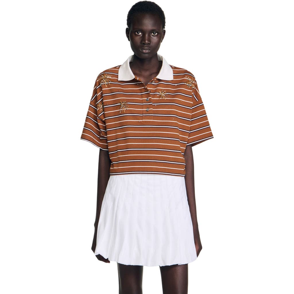 Sandro Womens Brown Striped Polo-collar Cotton-jersey T-shirt In Brown