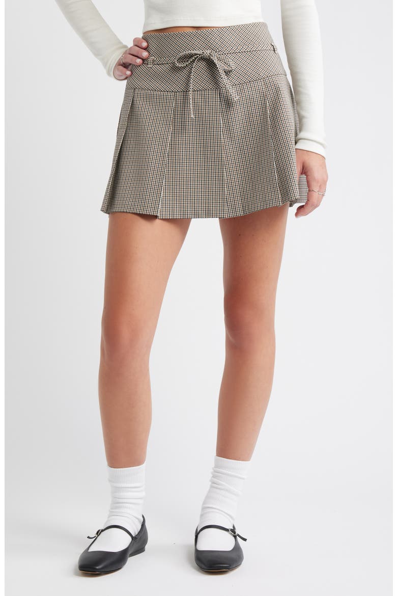 Pleated Belted Plaid Minskirt, Main, color, BROWN HOUNDSTOOTH