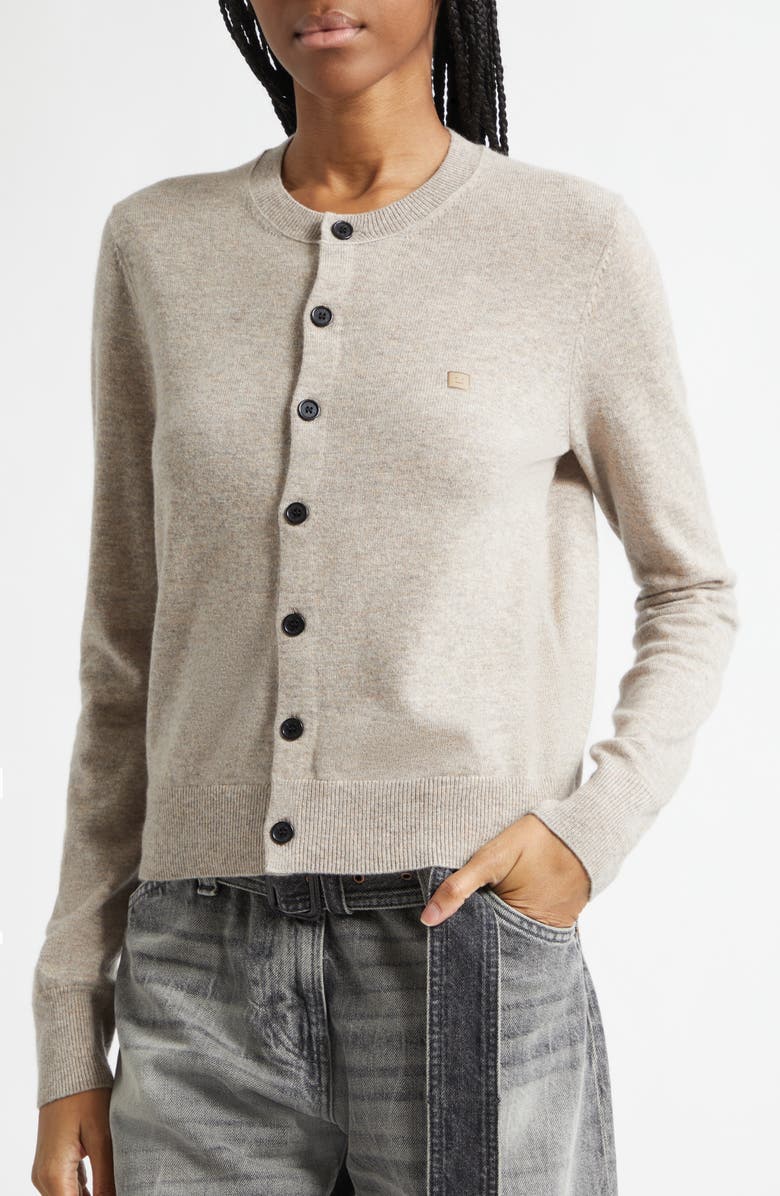 Acne Studios Face Patch Wool & Yak Hair Cardigan, Alternate, color, Greige Melange