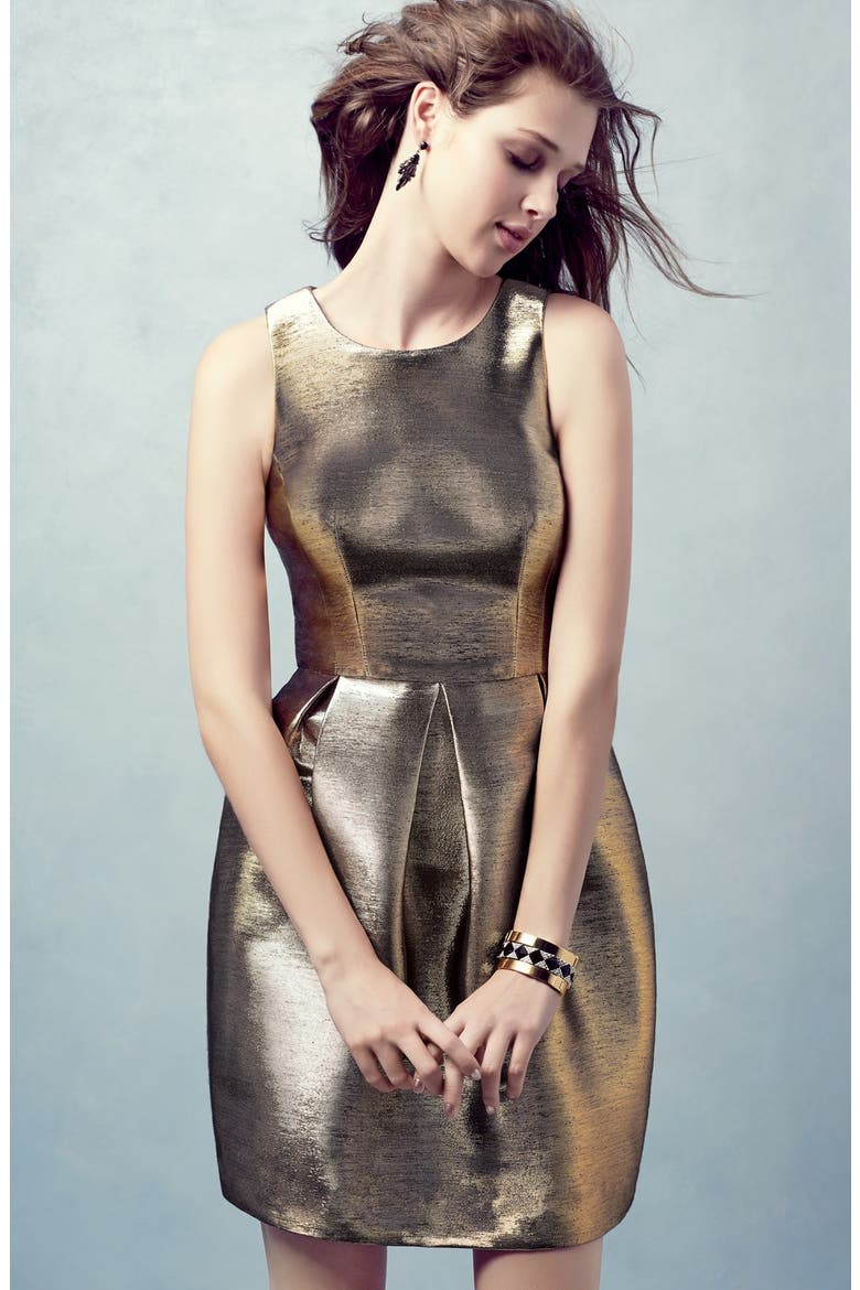 Belted Metallic Tulip Dress, Alternate, color, GOLD