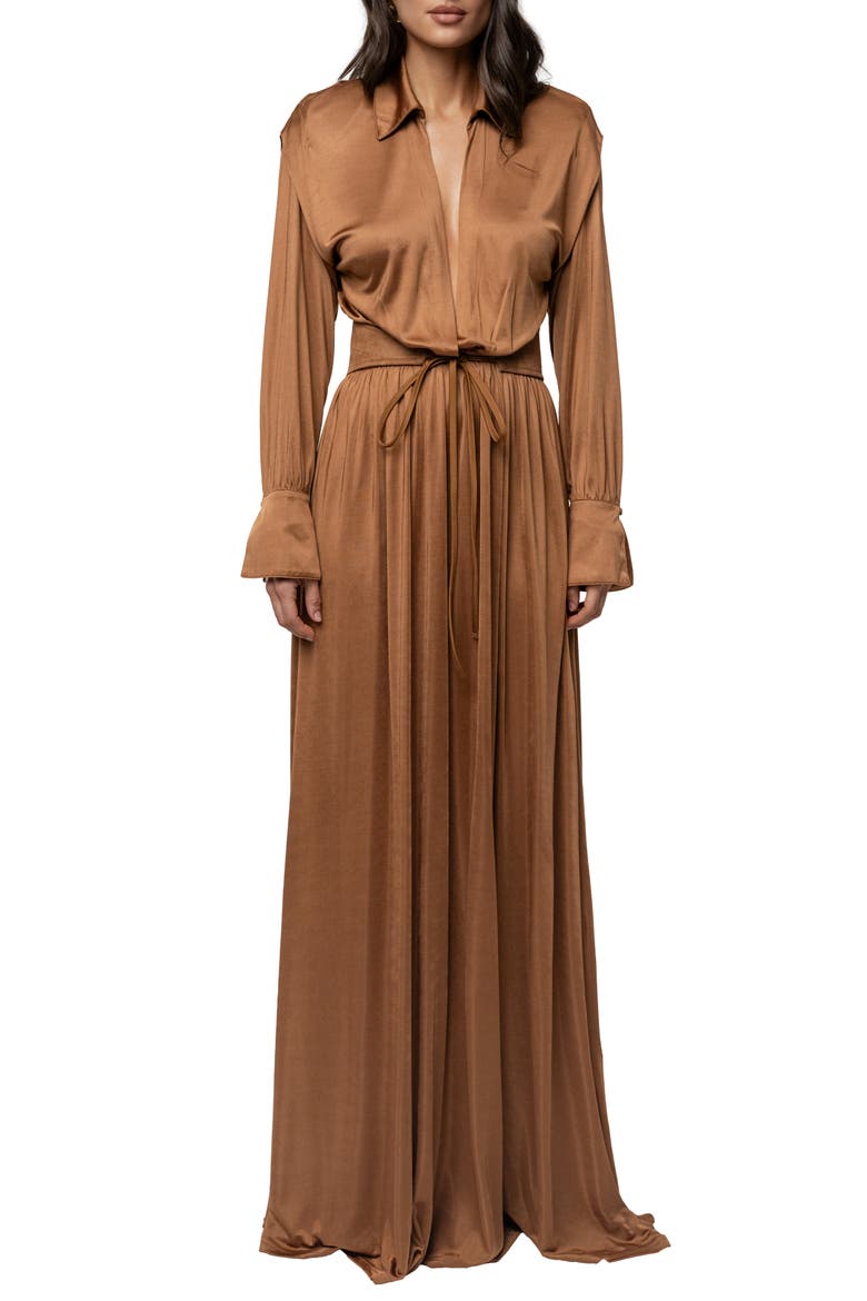 Collar Long Sleeve Satin Gown, Alternate, color, BEIGE