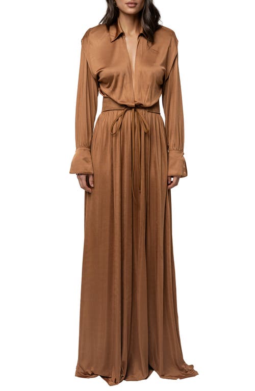 Jluxlabel Collar Long Sleeve Satin Gown In Brown