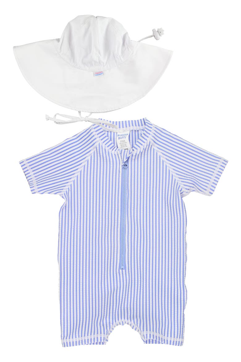 Seersucker One-Piece Swimsuit & Sun Hat Set, Main, color, BLUE