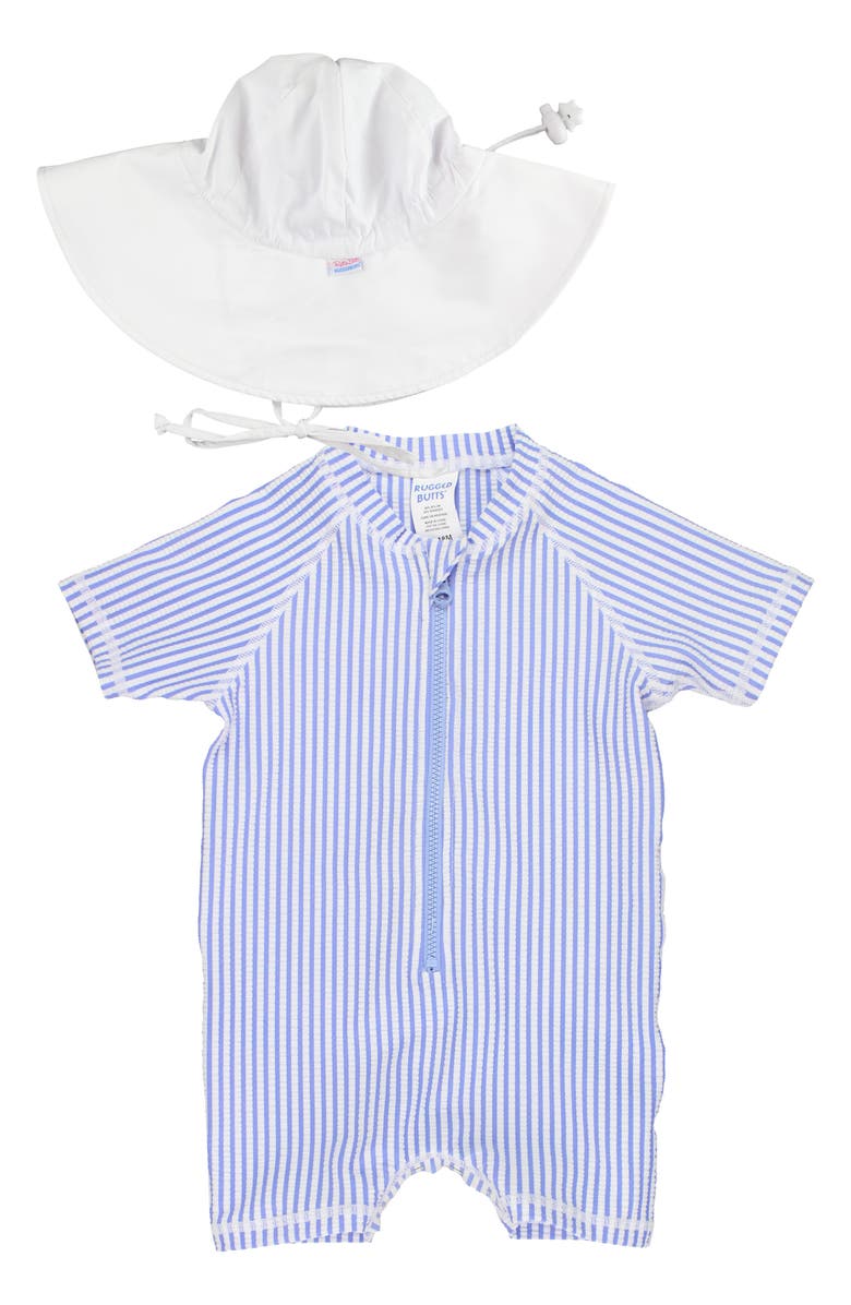 RuggedButts Seersucker One-Piece Swimsuit & Sun Hat Set, Main, color, Blue