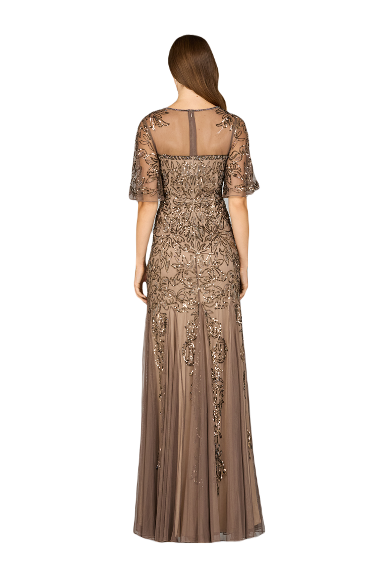 Short Sleeve Sheath Beaded Gown, Alternate, color, Bronze