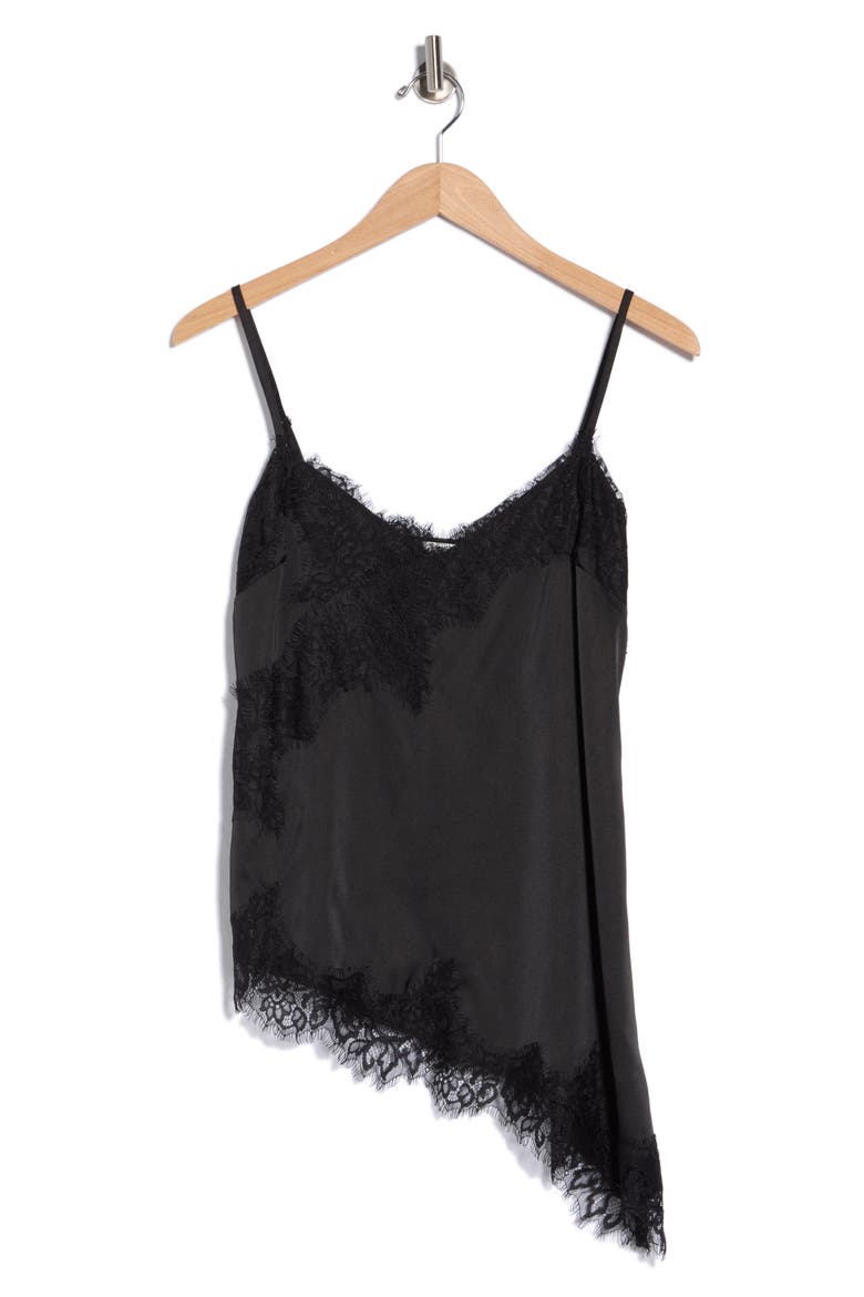 Lace Trim Asymmetric Hem Satin Camisole, Alternate, color, BLACK