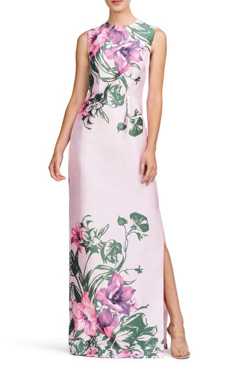 Kay Unger Ayla Placement Print Column Gown In Pink Pearl Multi