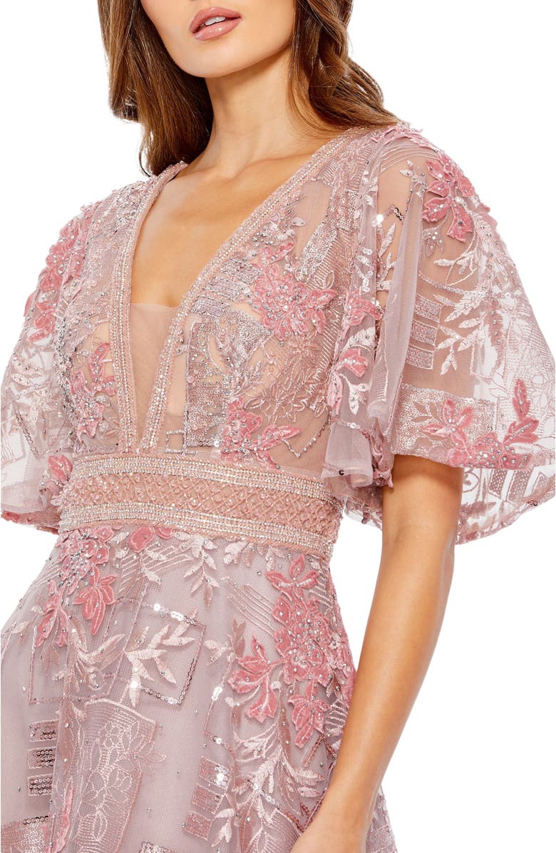 Mac Duggal Embroidered Flounce Sleeve A-Line Gown, Alternate, color, Pink