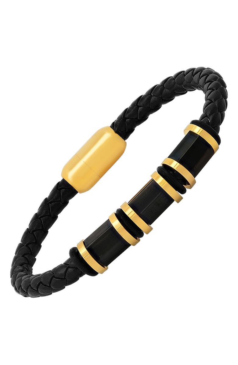 HMY JEWELRY Mens' Two-Tone Braided Leather Bracelet, Alternate, color, Gold/ Black