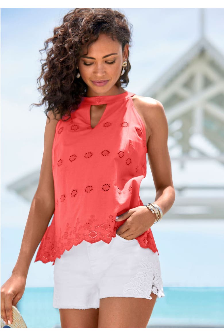 Sleeveless Eyelet Lace Blouse, Alternate, color, Coral