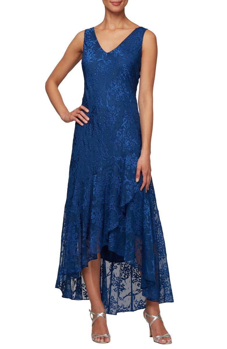 Alex Evenings Textured Floral Burnout High/Low Dress with Jacket, Alternate, color, 