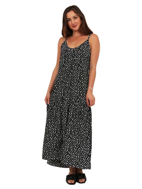 Womens Essential Dots Print Scoop Neck Spaghetti Strap Pocket A-Line Maxi Dress