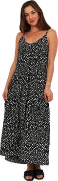 24seven Comfort Apparel Womens Essential Dots Print Scoop Neck Spaghetti Strap Pocket A-Line Maxi Dress