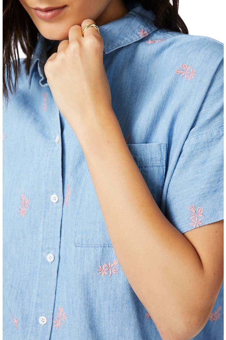 Embroidered Short Sleeve Cotton Chambray Shirt, Alternate, color, ROMEO BLUE