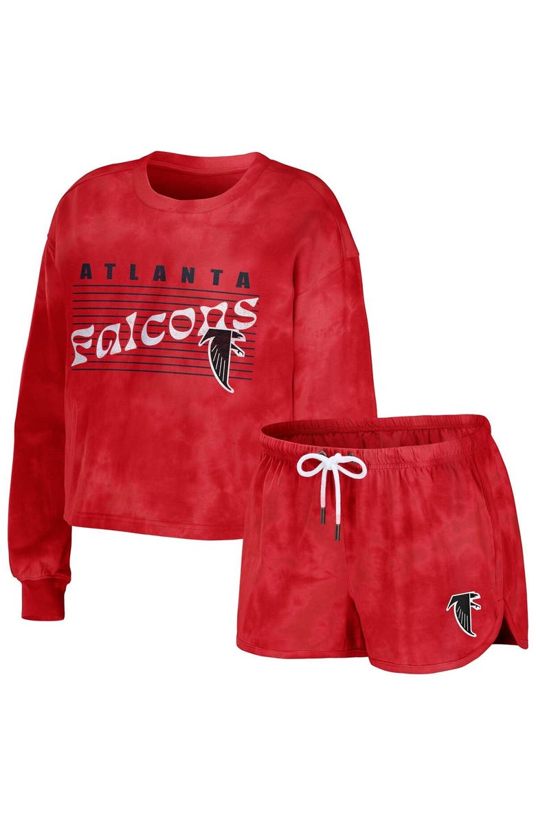 WEAR by Erin Andrews Women's WEAR by Erin Andrews Red Atlanta Falcons Tie-Dye Cropped Pullover Sweatshirt & Shorts Lounge Set, Main, color, Red