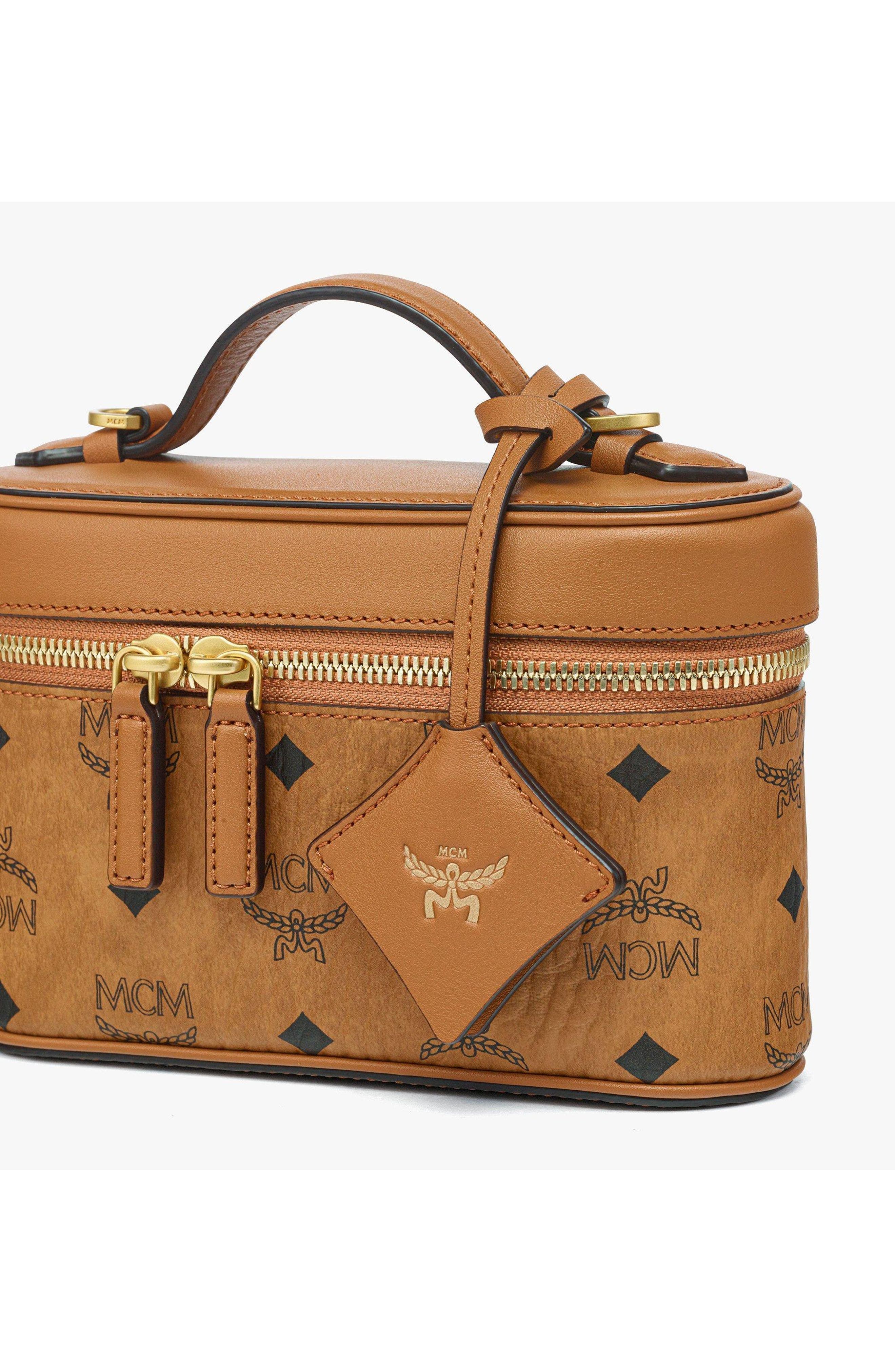 MCM Aren Vanity Case in Visetos Leather Mix, Alternate, color, Cognac
