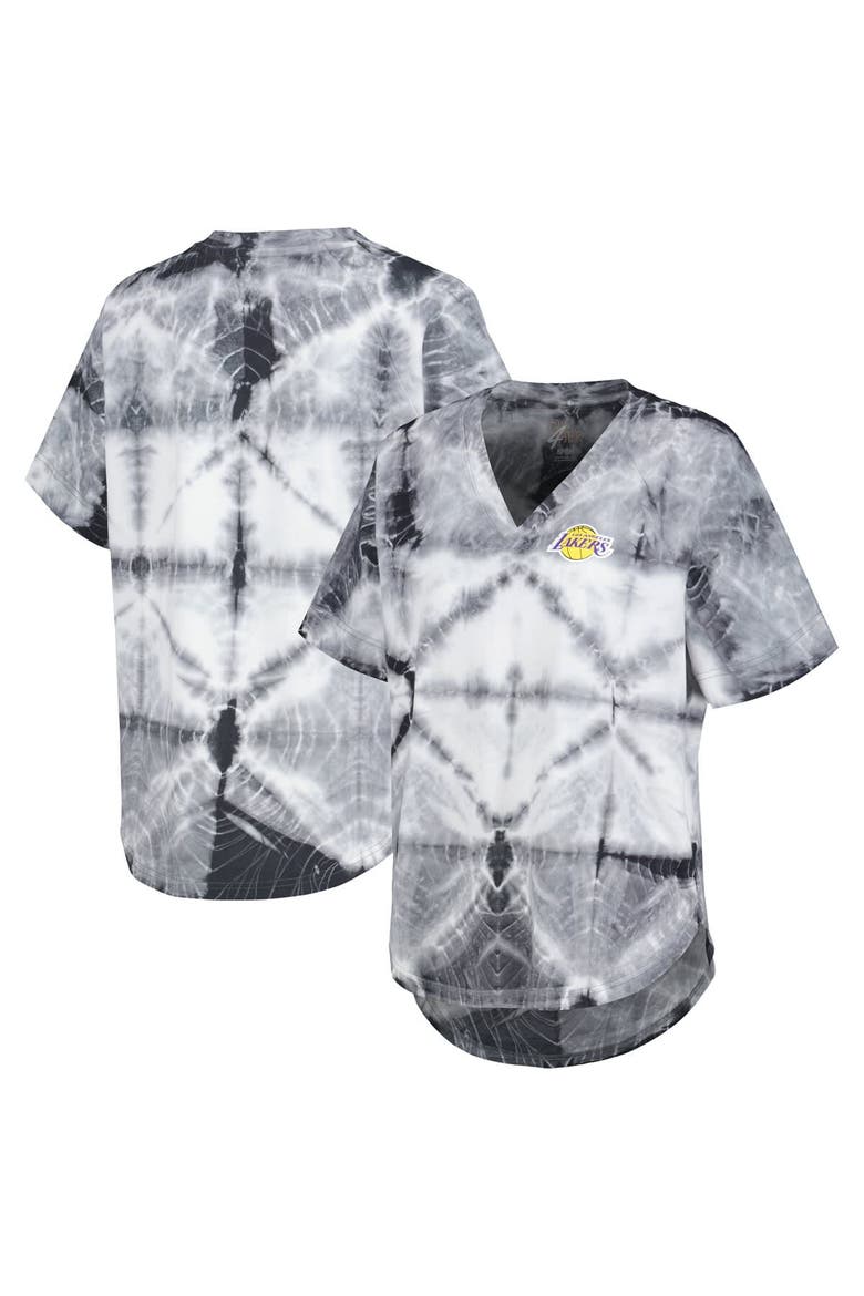 Women's G-III 4Her by Carl Banks Black Los Angeles Lakers Tournament Raglan Oversized Tie-Dye V-Neck T-Shirt, Alternate, color, Black