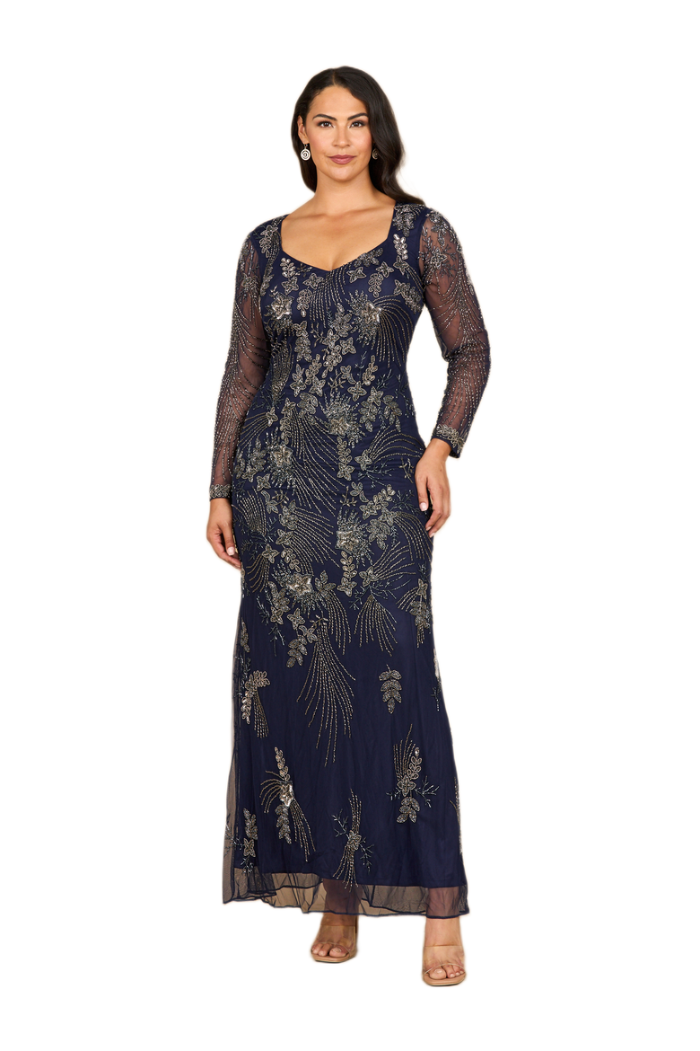 Long Sleeve Queen Anne Beaded Gown, Main, color, Navy