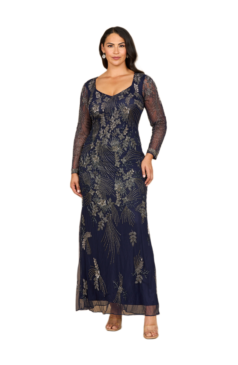 LARA New York Long Sleeve Queen Anne Beaded Gown, Main, color, Navy