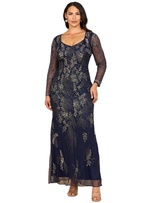 Lara New York Long Sleeve Queen Anne Beaded Gown In Blue
