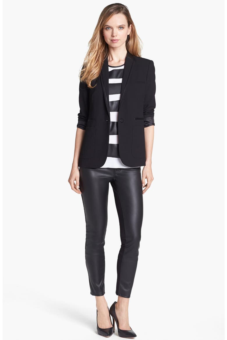 Faux Leather Trim Boyfriend Blazer, Main, color, RICH BLACK