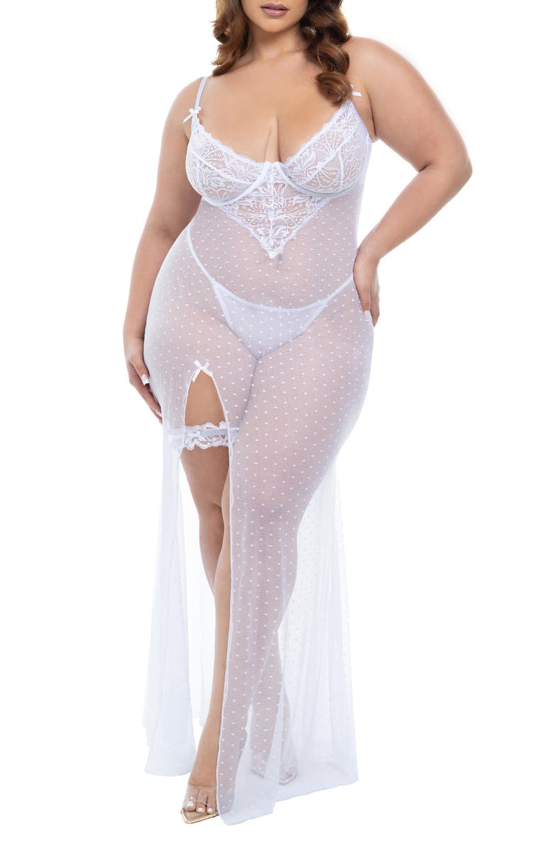 Oh La La Cheri Livia Lace Trim Mesh Underwire Nightgown & G-String Set, Main, color, Bright White