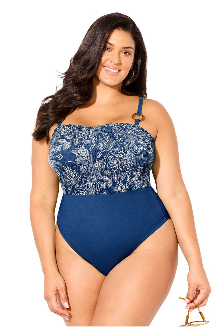 Smocked Ring Strap One Piece Swimsuit, Main, color, Denim Floral