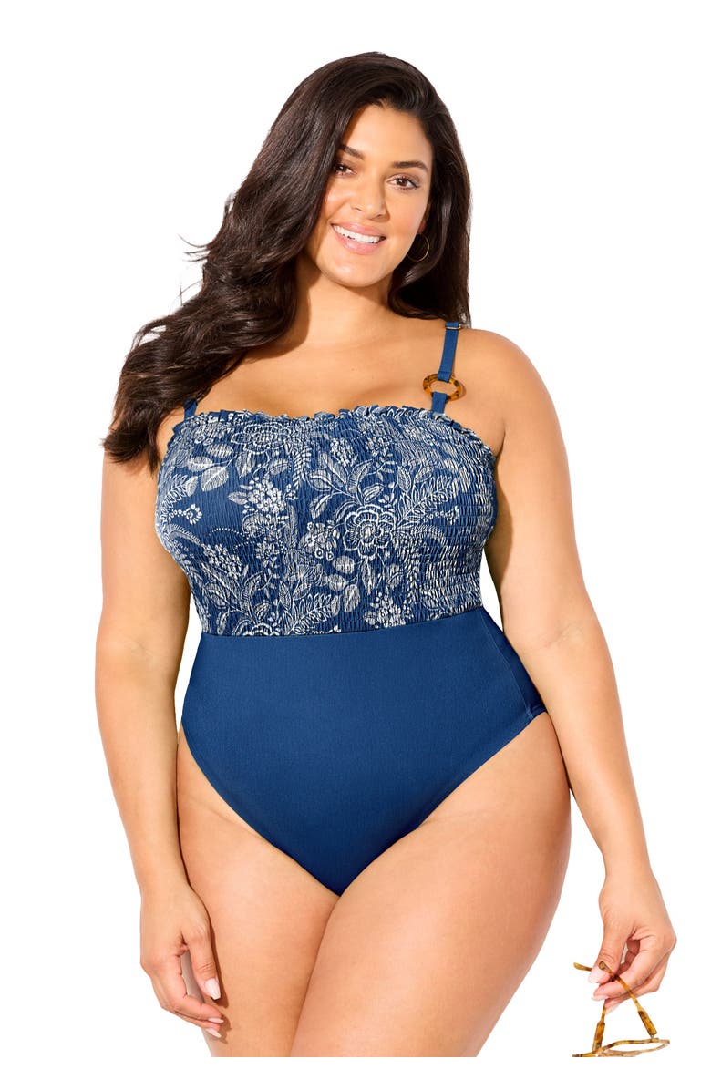 Swimsuits for All Smocked Ring Strap One Piece Swimsuit, Main, color, Denim Floral