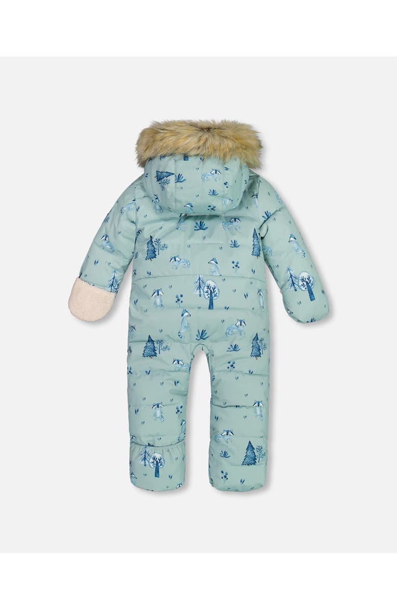 Deux par Deux Baby Boy's One Piece Baby Hooded Snowsuit Sage Printed Racoons Designed For Car Seat, Alternate, color, 