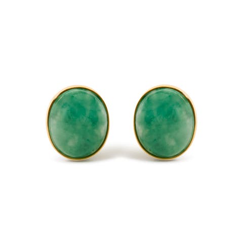 18K Yellow Gold 12x10 MM Bezel Set Oval Green Aventurine Stud Earrings