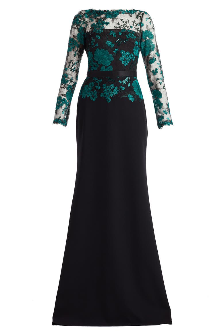 Floral Lace Embroidery Long Sleeve Gown, Alternate, color, EMERALD/ BLACK