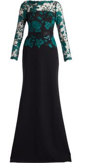 Tadashi Shoji Floral Lace Embroidery Long Sleeve Gown