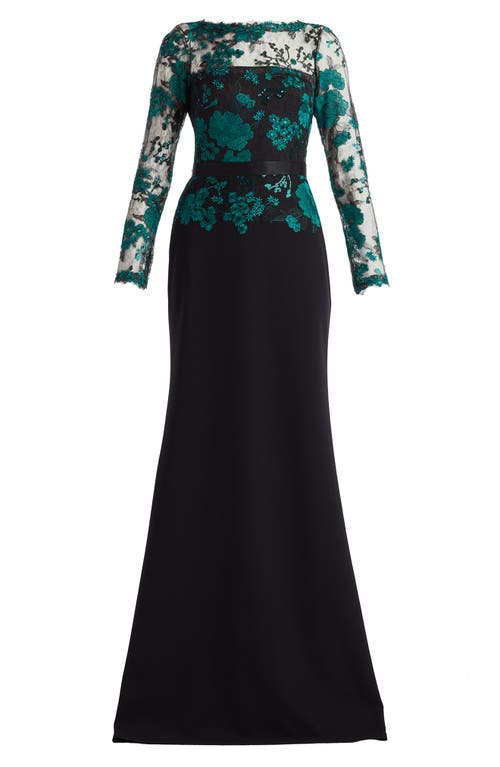 Tadashi Shoji Floral Lace Embroidery Long Sleeve Gown In Black