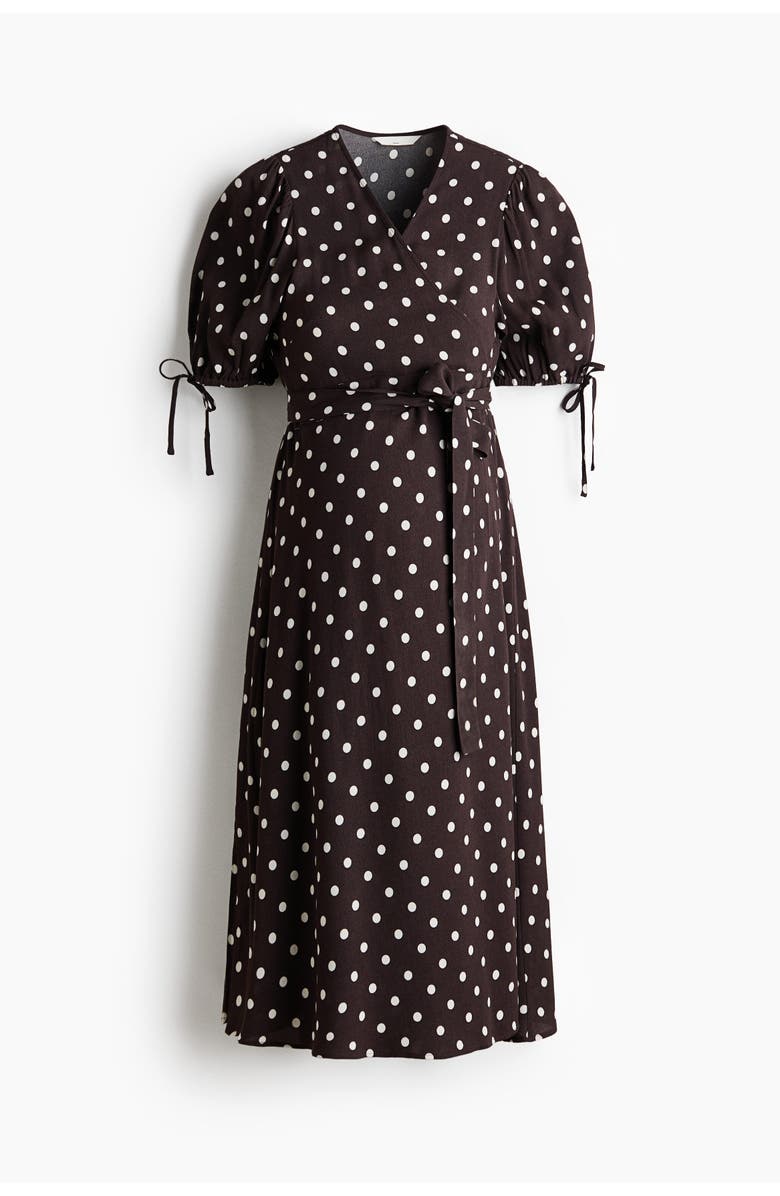 H&M Mama Puff-sleeved Wrap Dress, Main, color, Dark Brown/Polka Dot