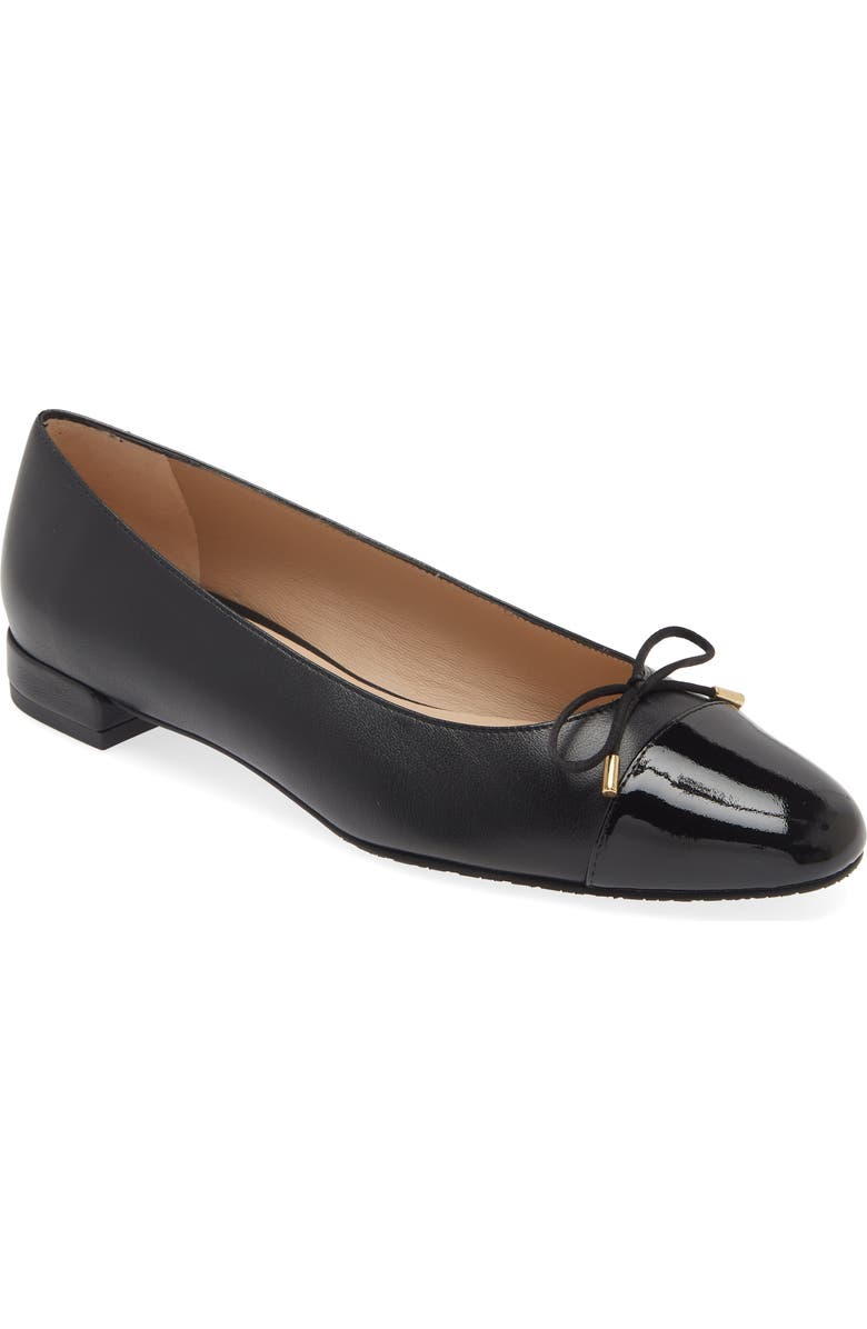 Stuart Weitzman Sleek Cap Toe Bow Flat, Main, color, Black