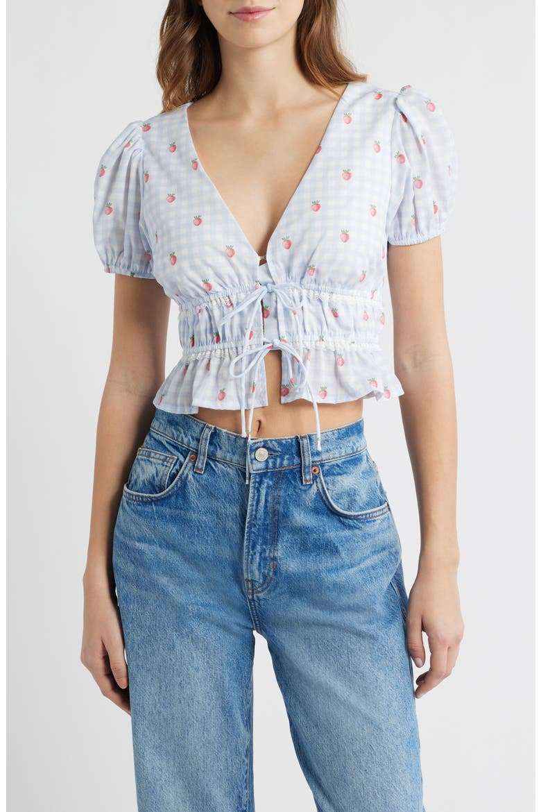 Gingham Strawberry Tie Front Crop Top, Main, color, BLUE GINGHAM