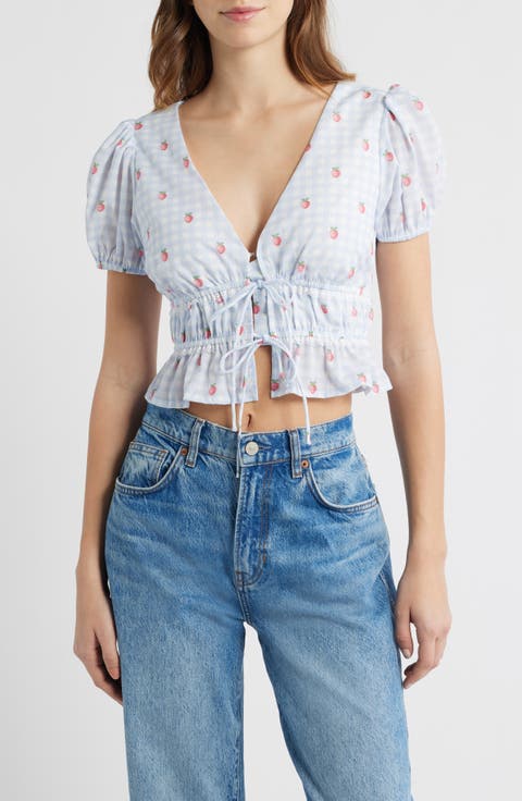 Gingham Strawberry Tie Front Crop Top