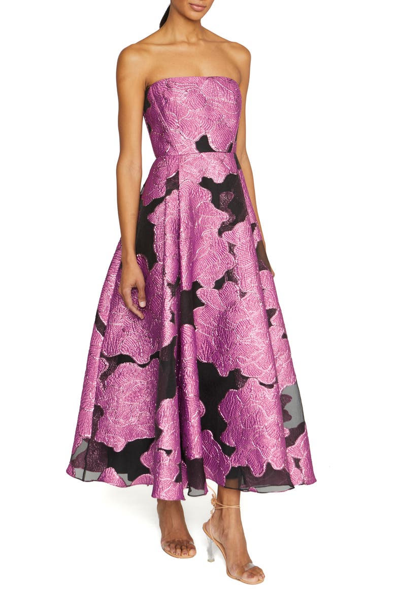 ML Monique Lhuillier Elle Metallic Strapless Jacquard Cocktail Dress, Alternate, color, French Fuchsia/ Black