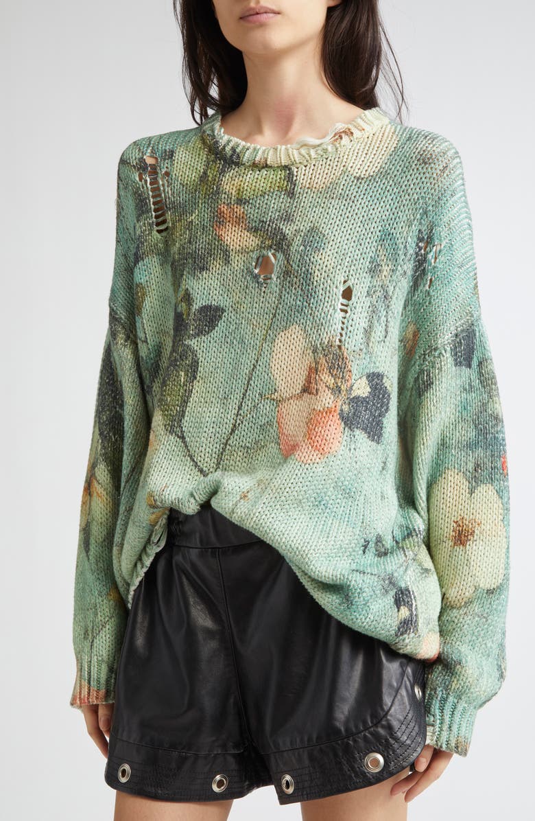 R13 Ripped Floral Oversize Cotton Sweater, Alternate, color, Turquoise Floral